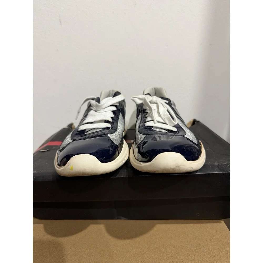 Prada Vernice Bike Patent Mesh Sneakers Navy/Silver Mens Size 11